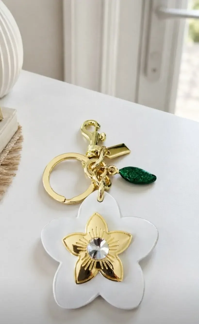 White Vegan Leather Gold Flower Bag Charm New